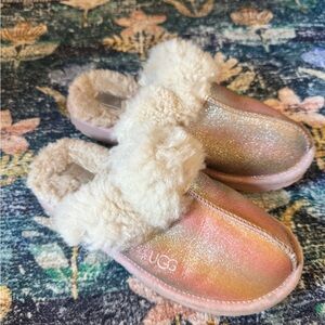 UGG Glittery Pink Slippers with Cream Sheep Fluff Fur